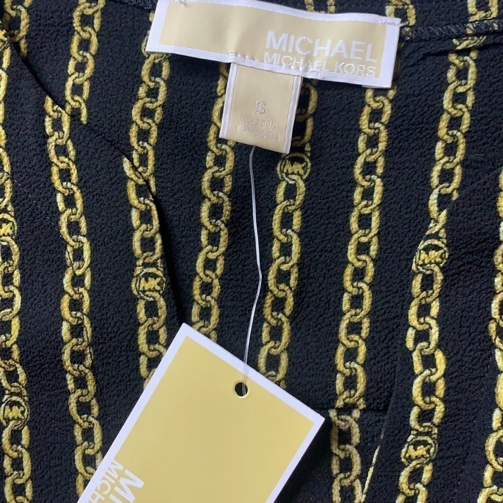 Michael Kors Black Gold Chain Stripe v neck knot blouse small new with tags